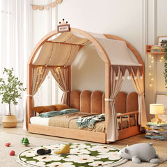 Lit château extensible en bois massif pour enfants avec baldaquin – Lit pour tout-petits à jumeaux de style tente avec tête de lit rembourrée