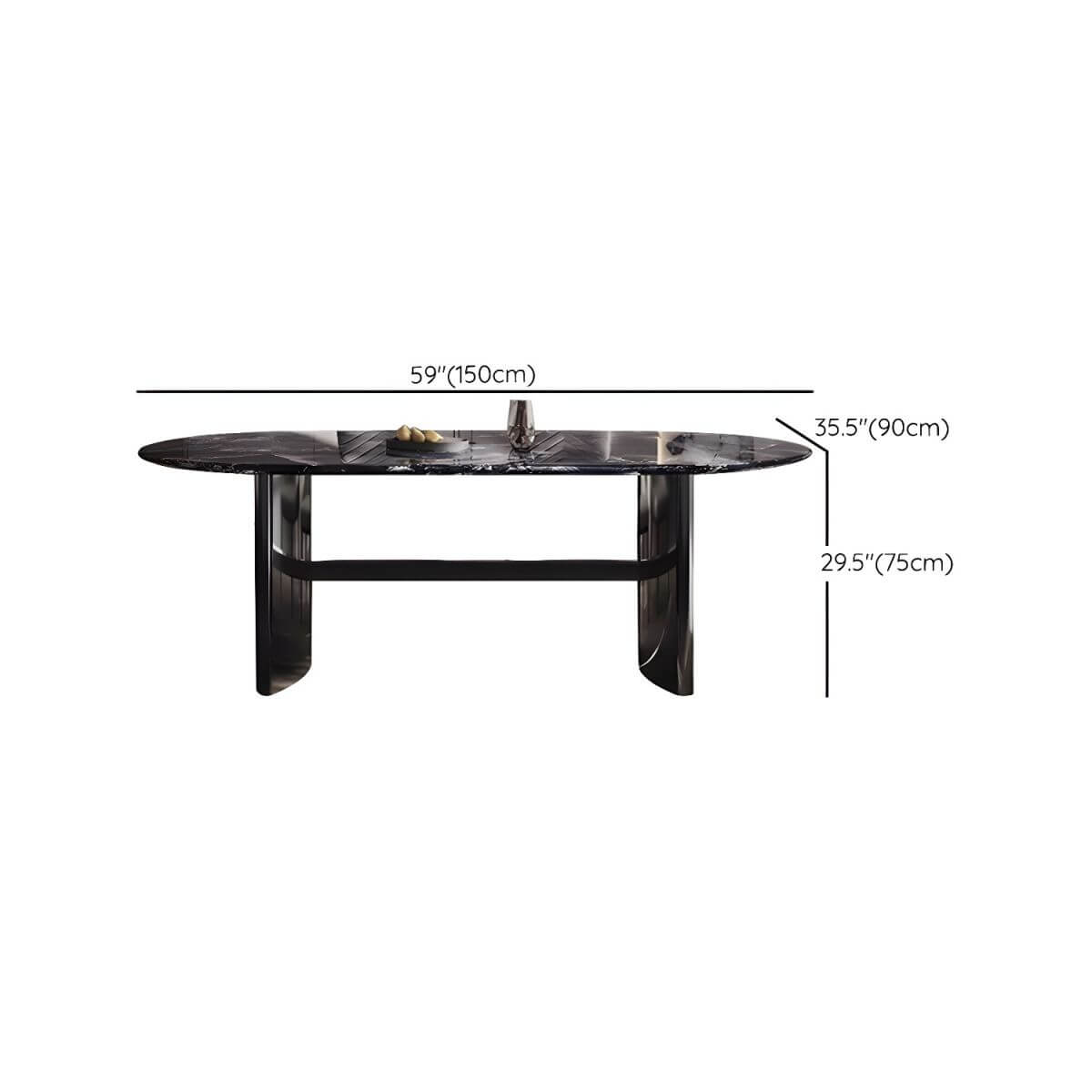 Oval dining table with black marble top and trestle metal base, modern dining room set