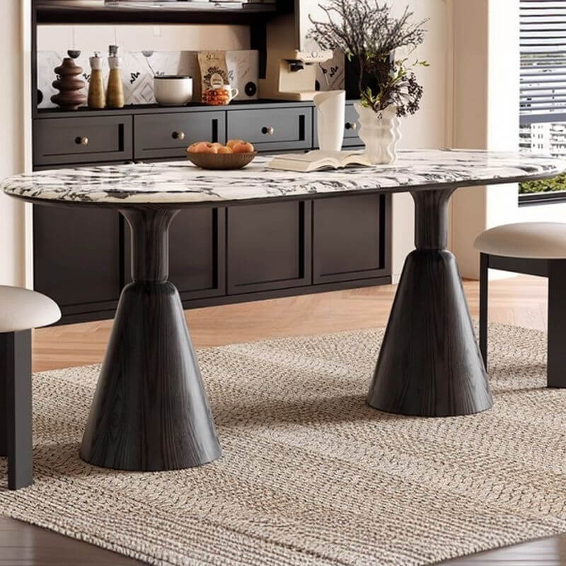 Oval marble dining table set with dual footing, solid back panel, and cushioned chairs main product image Hauptbild