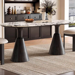 Oval Genuine Marble Dining Table Set with Dual Footing, Solid Back Panel, Cushion Chair, and White Top Dining Room Sets