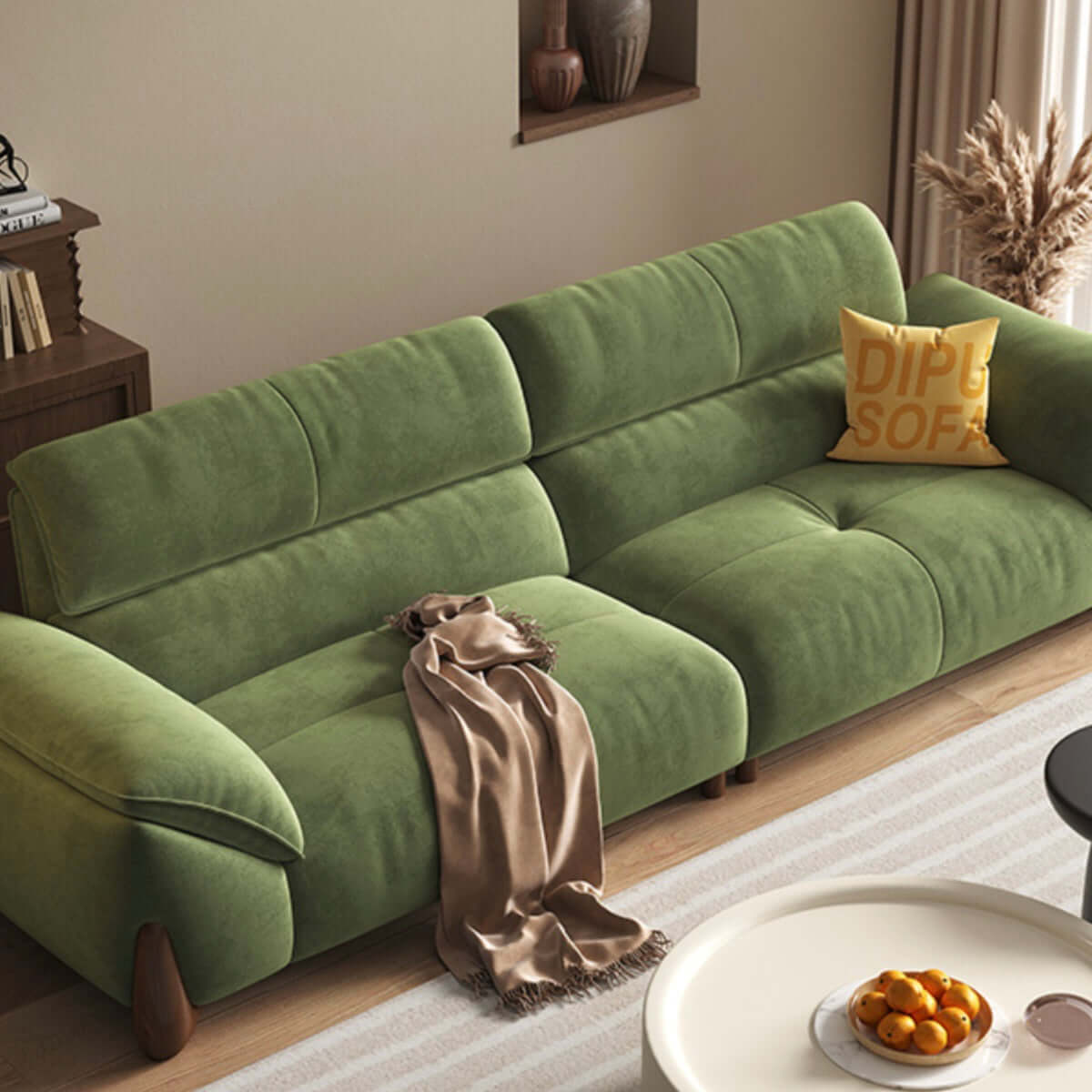 Modern green and white sofa with soft tech fabric, perfect for a cozy living room