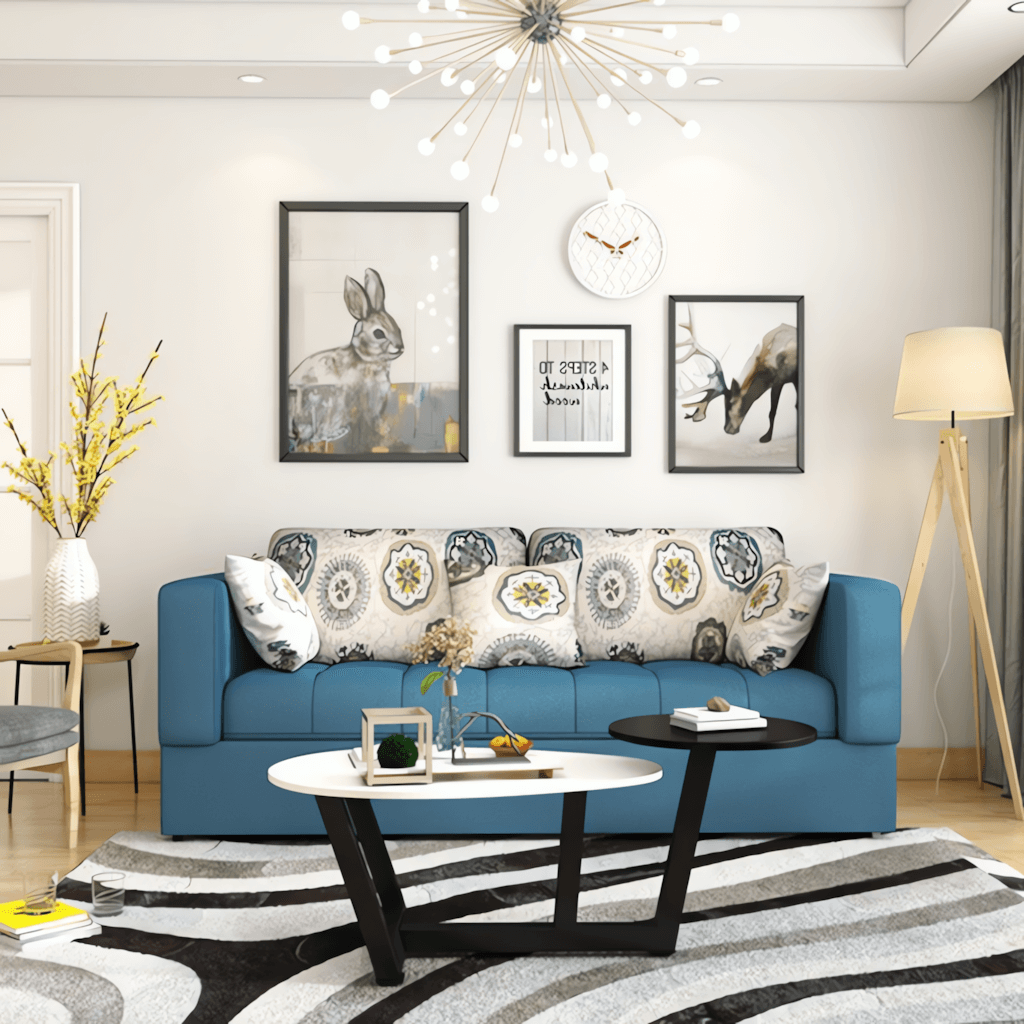 Convertible folding wood bunk bed sleeper with gray, blue, and khaki cushions included