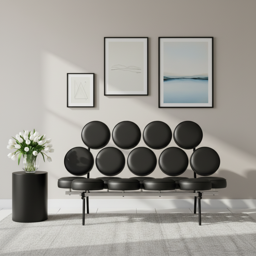 George Nelson Marshmallow Sofa in Black Microfiber Leather