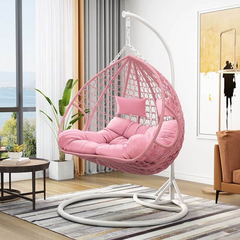 Magenta and sepia porch swing egg chair with alloy stand, chain, cushions, and 2-person seating