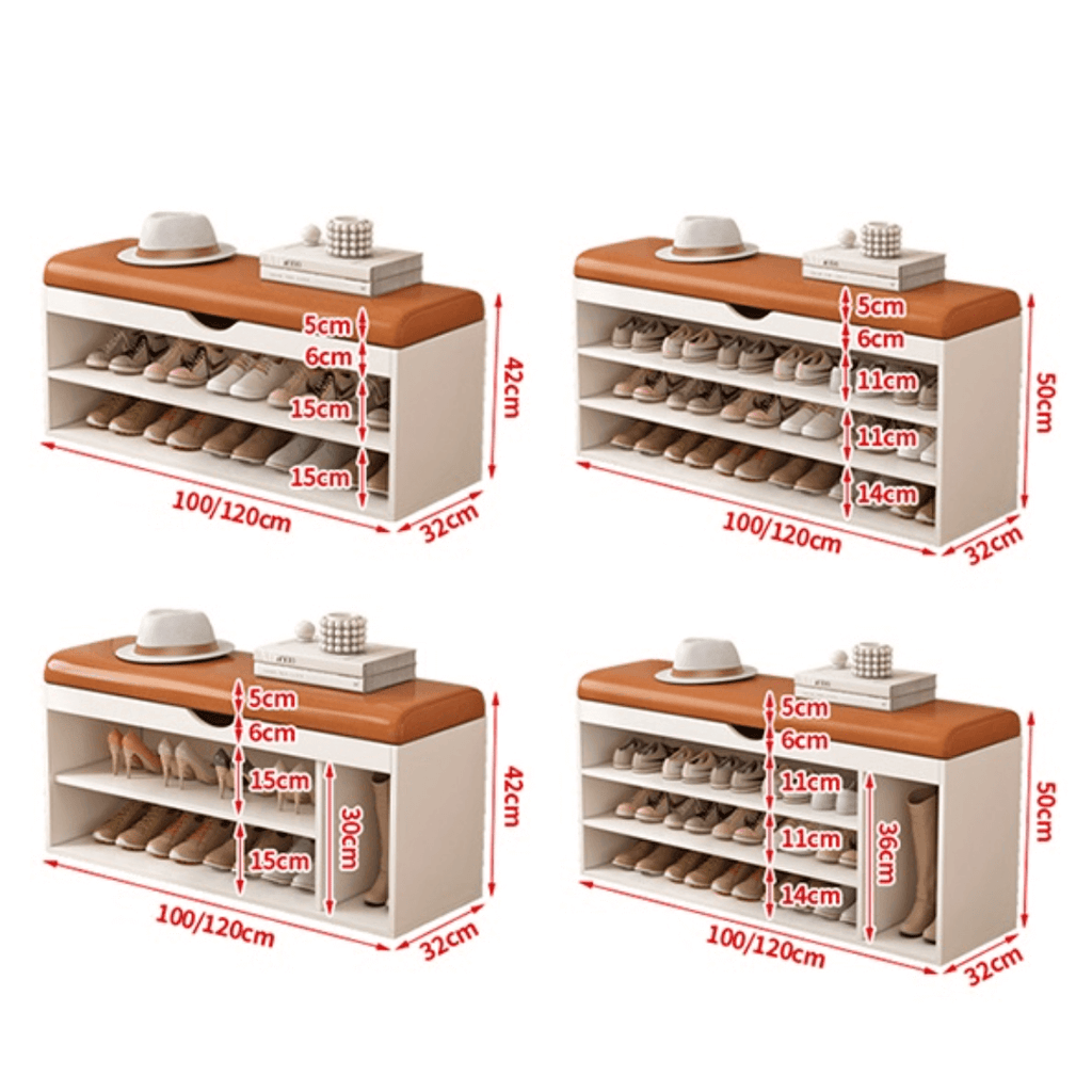 Modern white and orange shoe bench with upholstered seat and space-saving storage