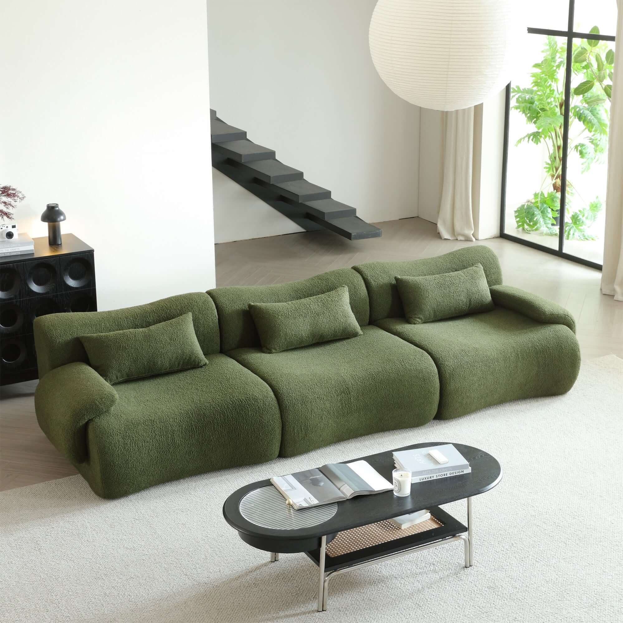 Modern sectional sofa upholstered in soft teddy velvet fabric with modular design