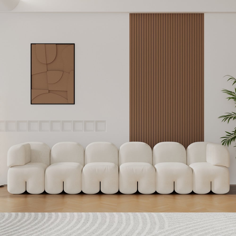 Modern white upholstered velvet floor couch, 4-seater sofa for living room seating main product image メイン画像