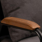 Mid century modern 2-seater sofa with black metal frame and solid wood arms