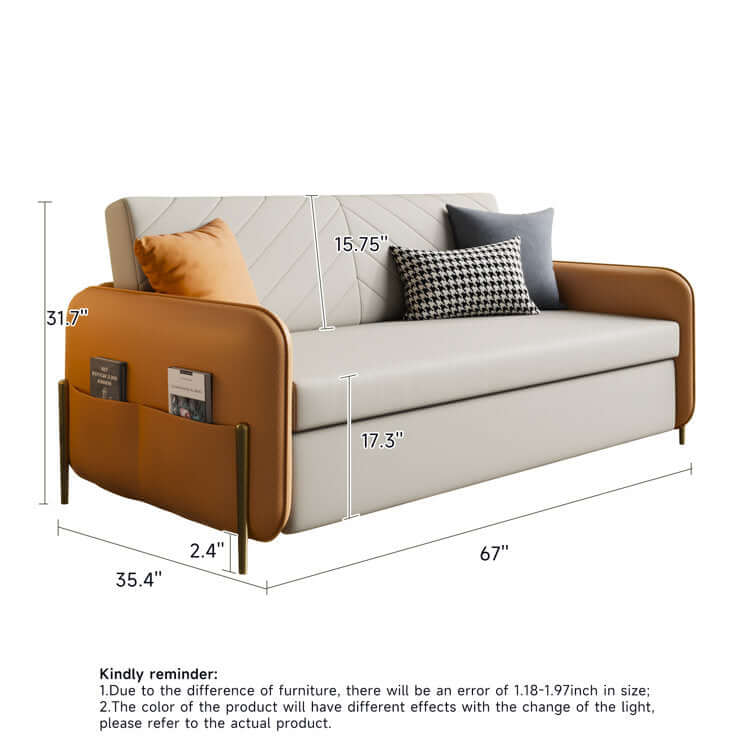 Modern 67-inch pull out convertible sofa bed with storage pocket for space-saving comfort