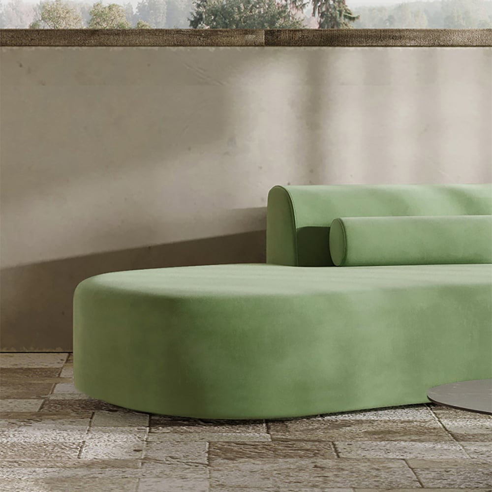 Modern green curved velvet sectional sofa with pillows, 4-seater upholstered couch, 109 inches long