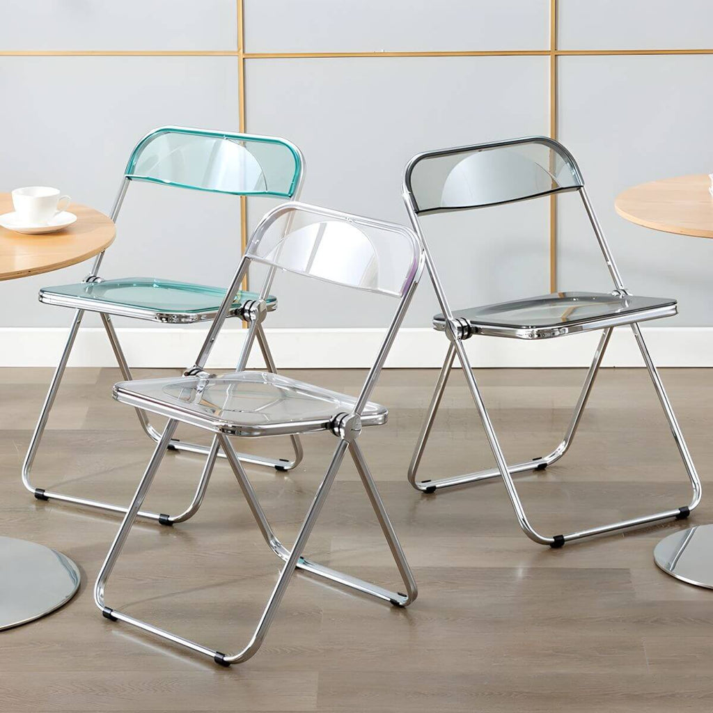 Scandinavian style dining chair with silver metal legs and plastic acrylic seat