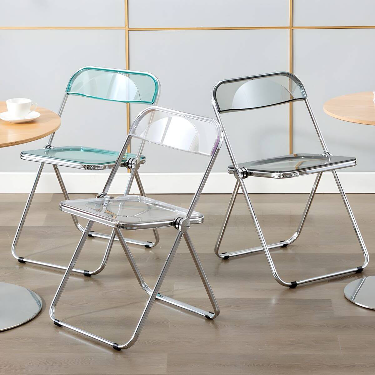 Scandinavian style dining chair with silver metal legs and plastic acrylic seat