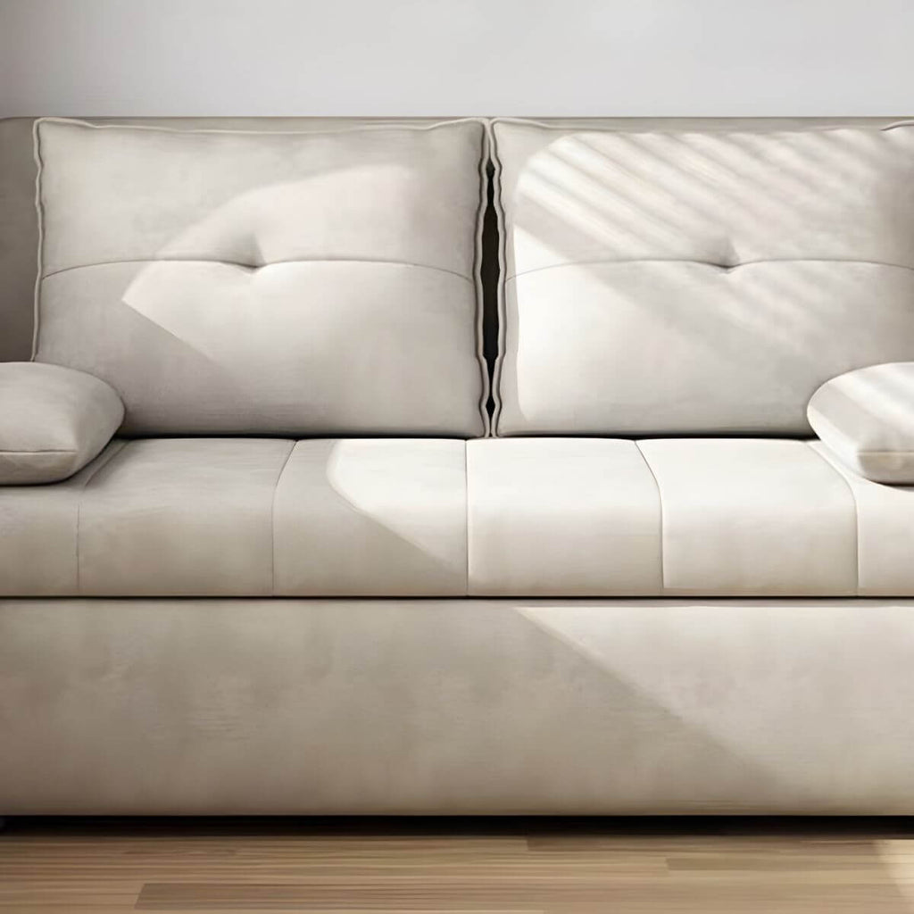White polyester blend sleeper sofa with metal frame and casters, modern futon for versatile seating