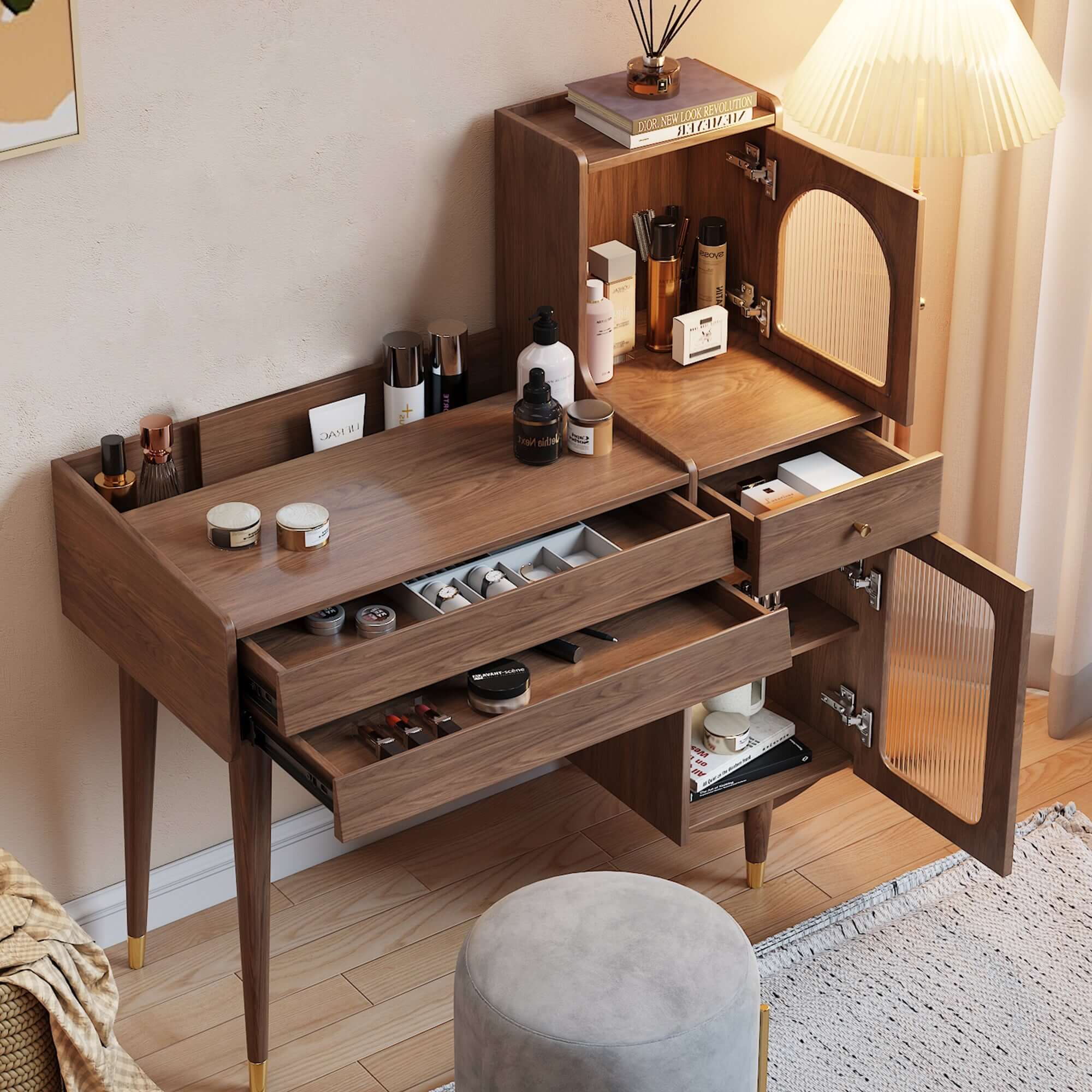 Wooden storage dressing table with adjustable side cabinet for versatile organization