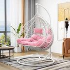 Magenta and sepia porch swing egg chair with alloy stand, chain, cushions, and 2-person seating