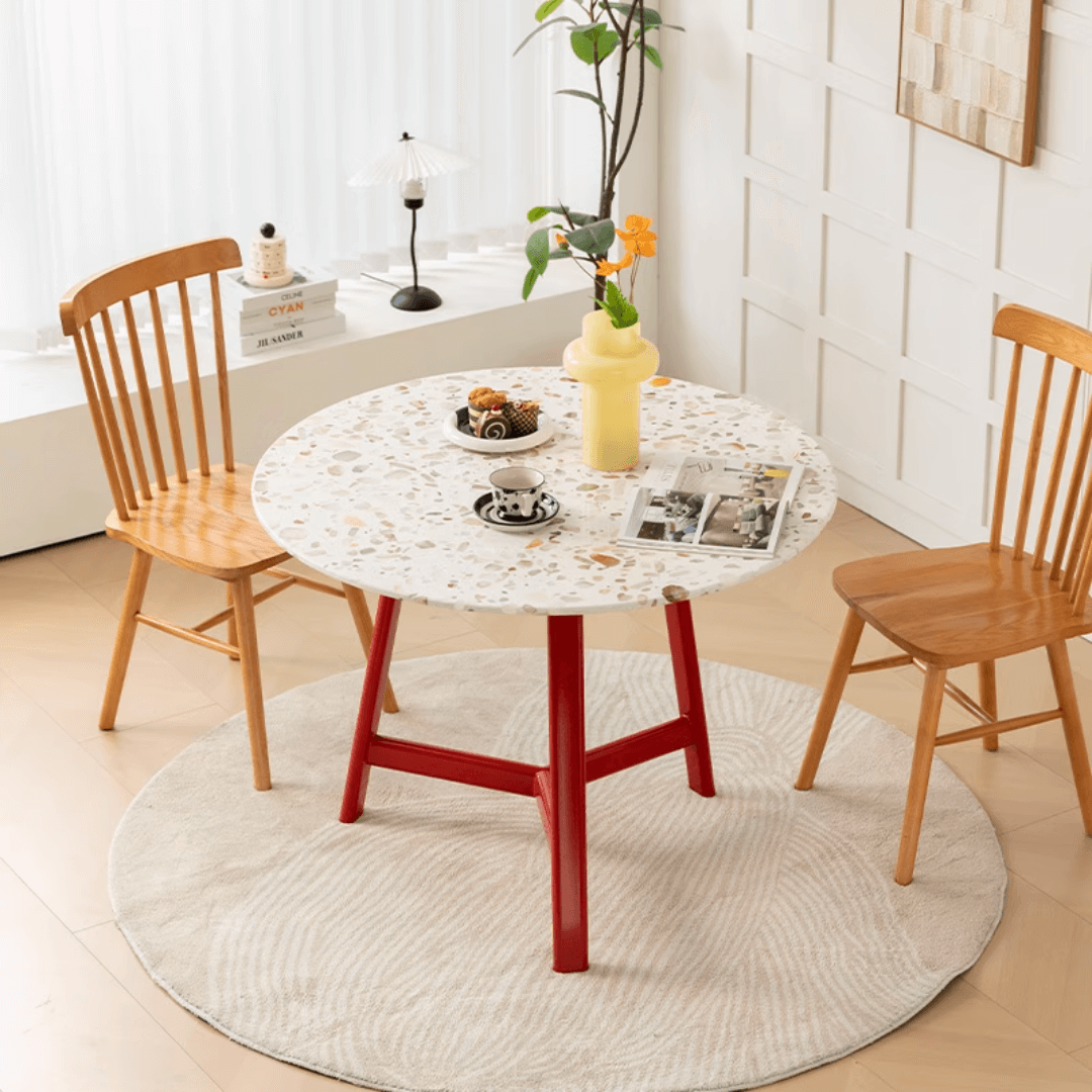 Modern terrazzo dining table with sleek design, perfect for cozy meals and home office use