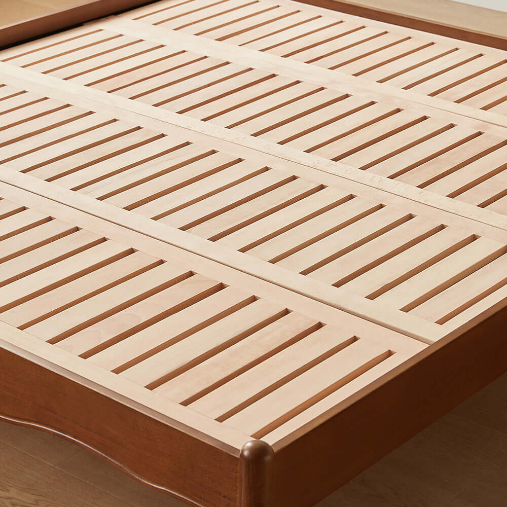 Vintage style solid wood double bed with slatted harp design for sturdy support