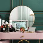 Makeup vanity set with extendable dressing table, side cabinet, mirror, and chair in white, pink, green, and blue