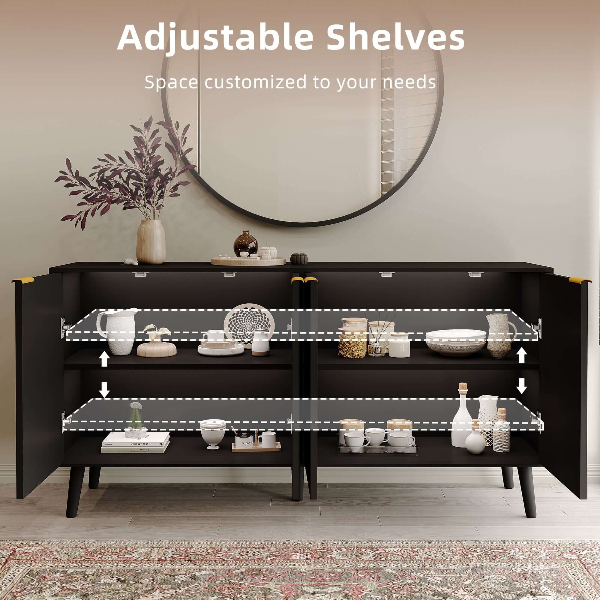 Modern sideboard buffet cabinet featuring adjustable shelves for versatile storage