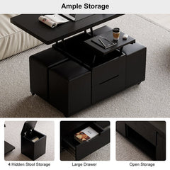 Modern Black Lift Top Coffee Table 4 in 1 with Storage Ottoman Foldable and Casters