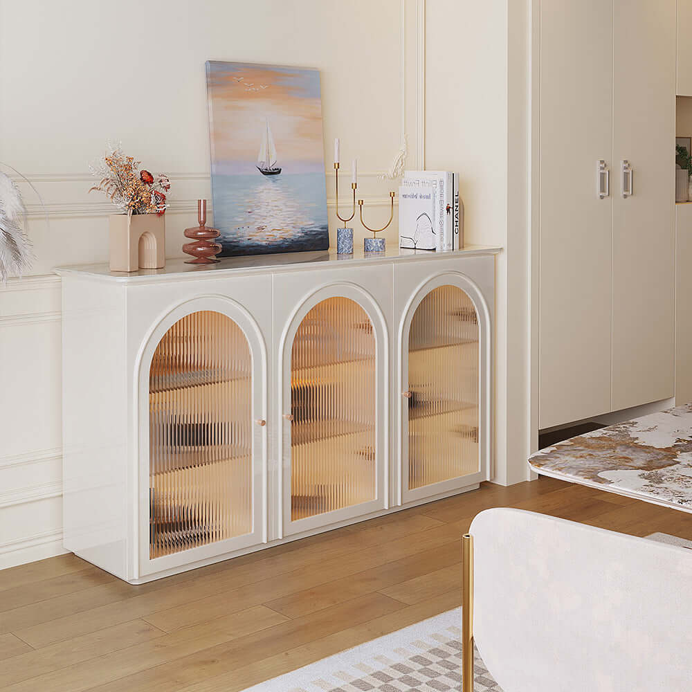 Beige side cabinet with large storage space, measuring 62.99 inches