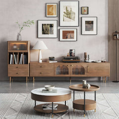 Modern TV Stand for TVs up to 85" Storage Cabinet with 2 Glass Doors and Drawers