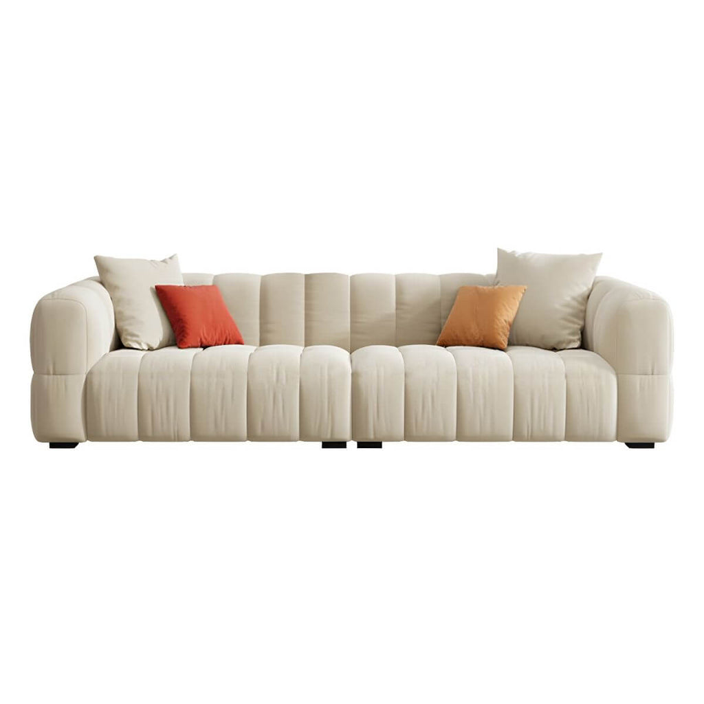 Beige upholstered wood sofa with square arms and sewn pillow back for modern living rooms