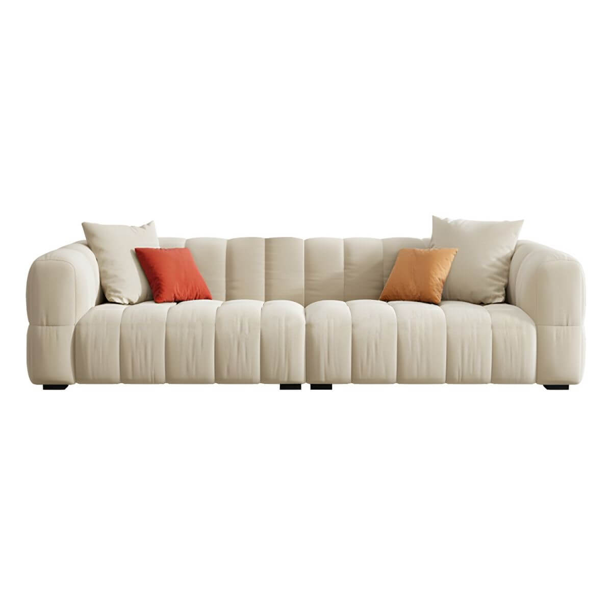 Beige upholstered wood sofa with square arms and sewn pillow back for modern living rooms