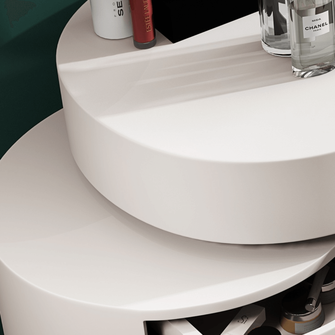 Makeup vanity set with extendable dressing table, side cabinet, mirror, and chair in white, pink, green, and blue