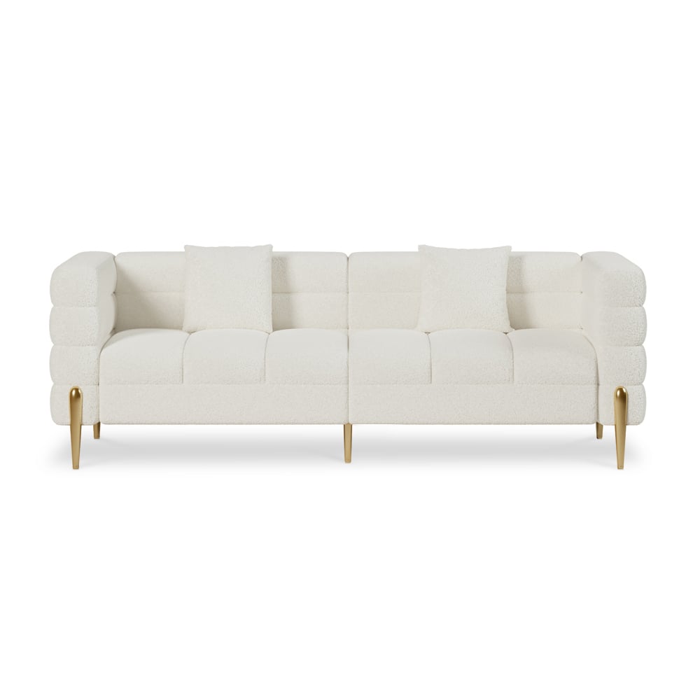 Modern white boucle upholstered fluted 3-seater sofa with pillow for living room seating