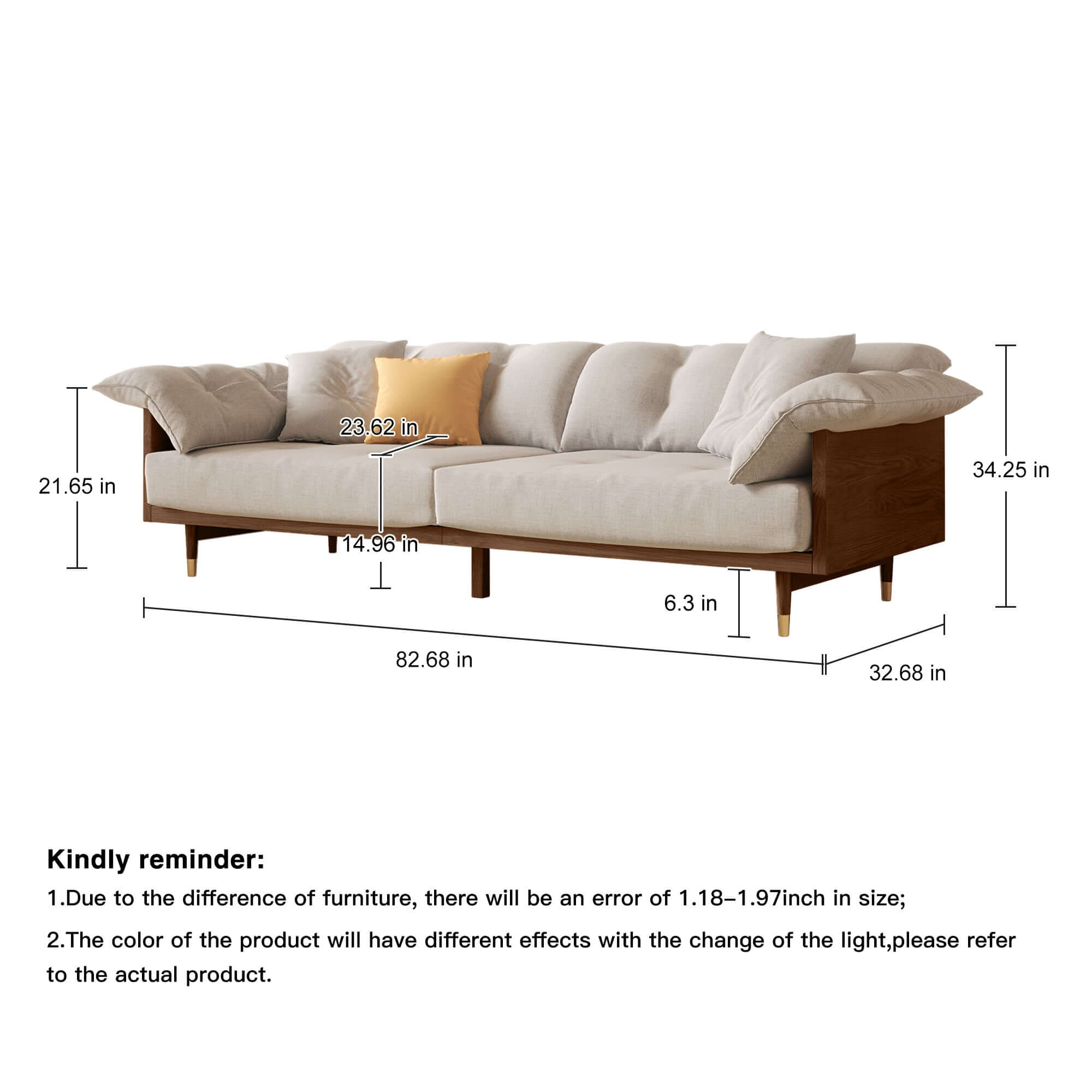 Modern 3-seat sofa with upholstered cotton linen cushions and solid wood frame