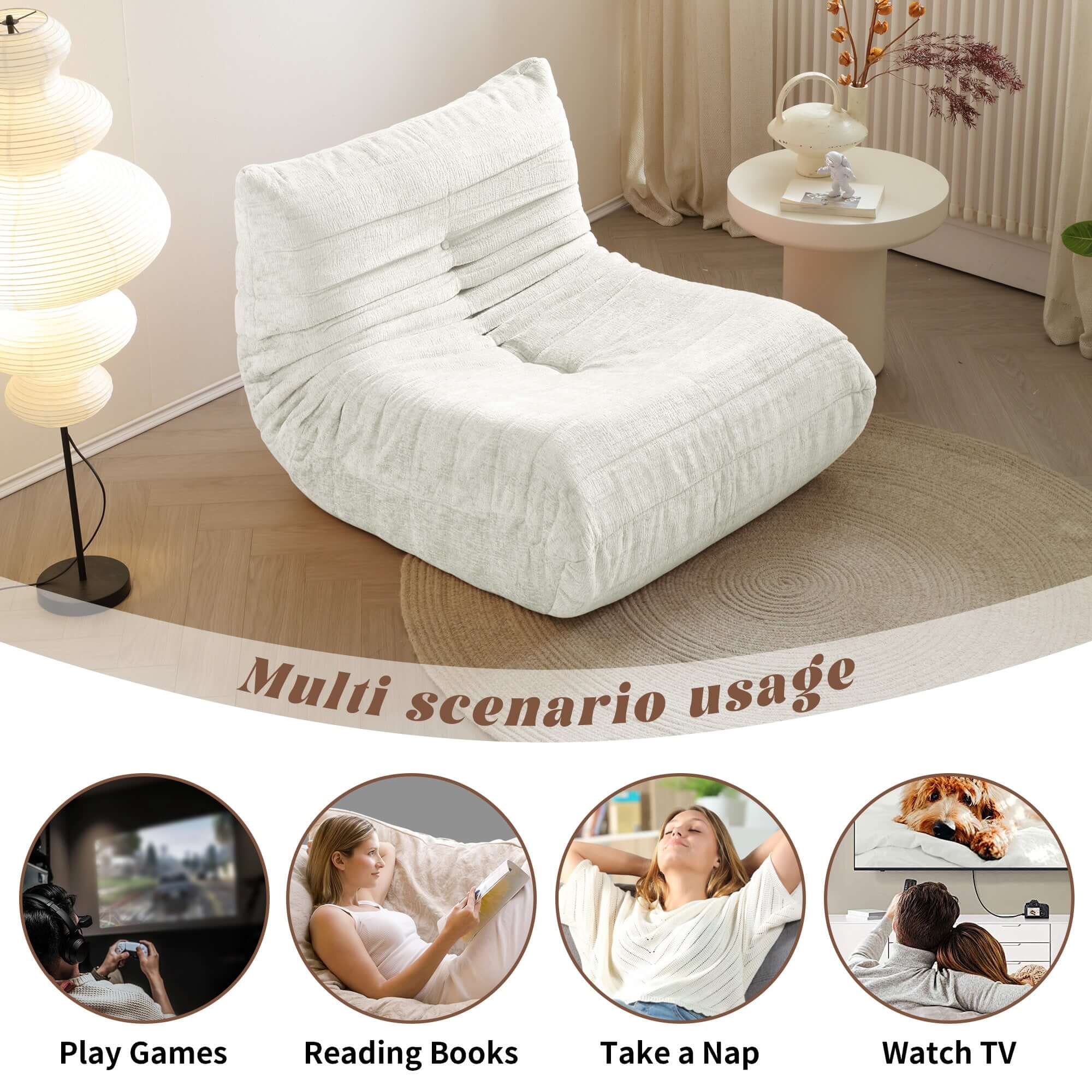 Comfortable lazy compressed foam floor couch shaped like a caterpillar, perfect as a Togo sofa chair