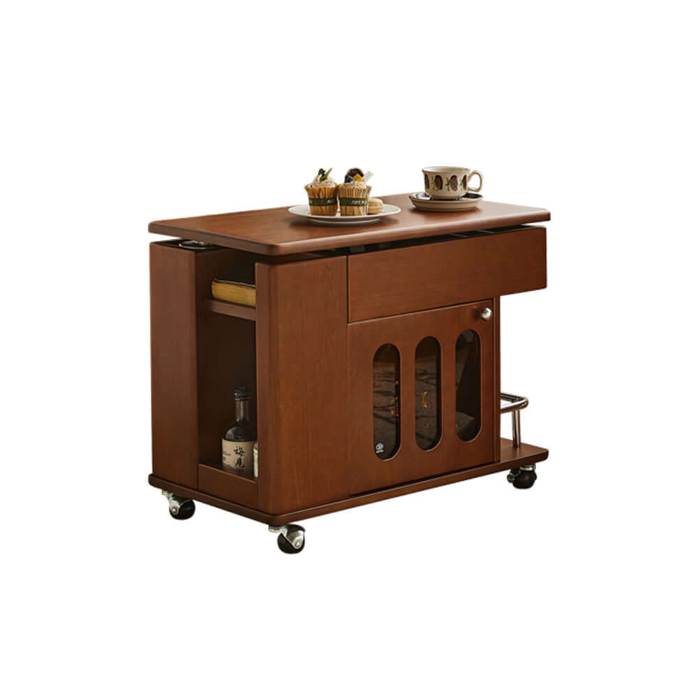 Adjustable solid wood mobile side cabinet with lift-up table top for versatile storage