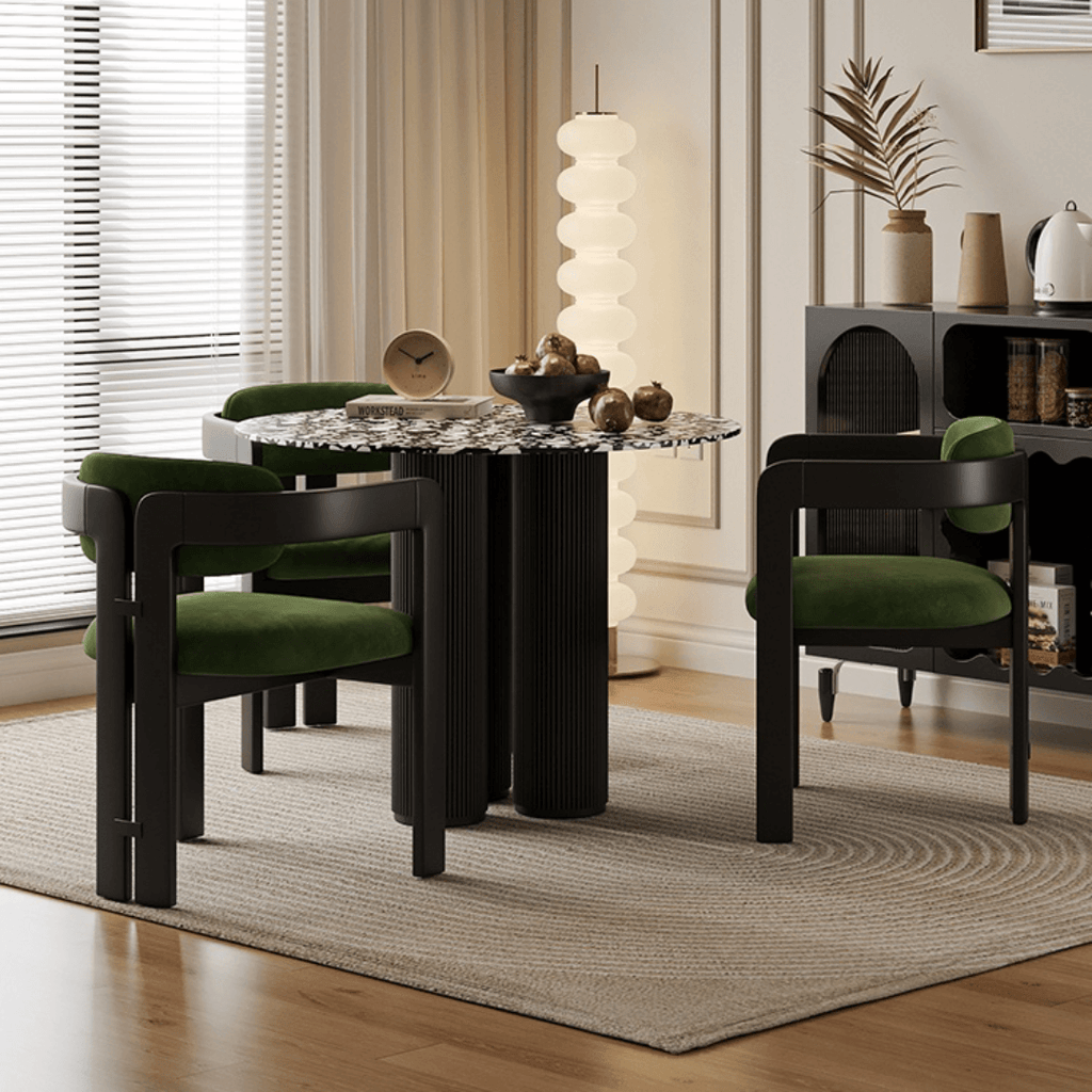 Small space dining set with terrazzo table and luxurious velvet seats
