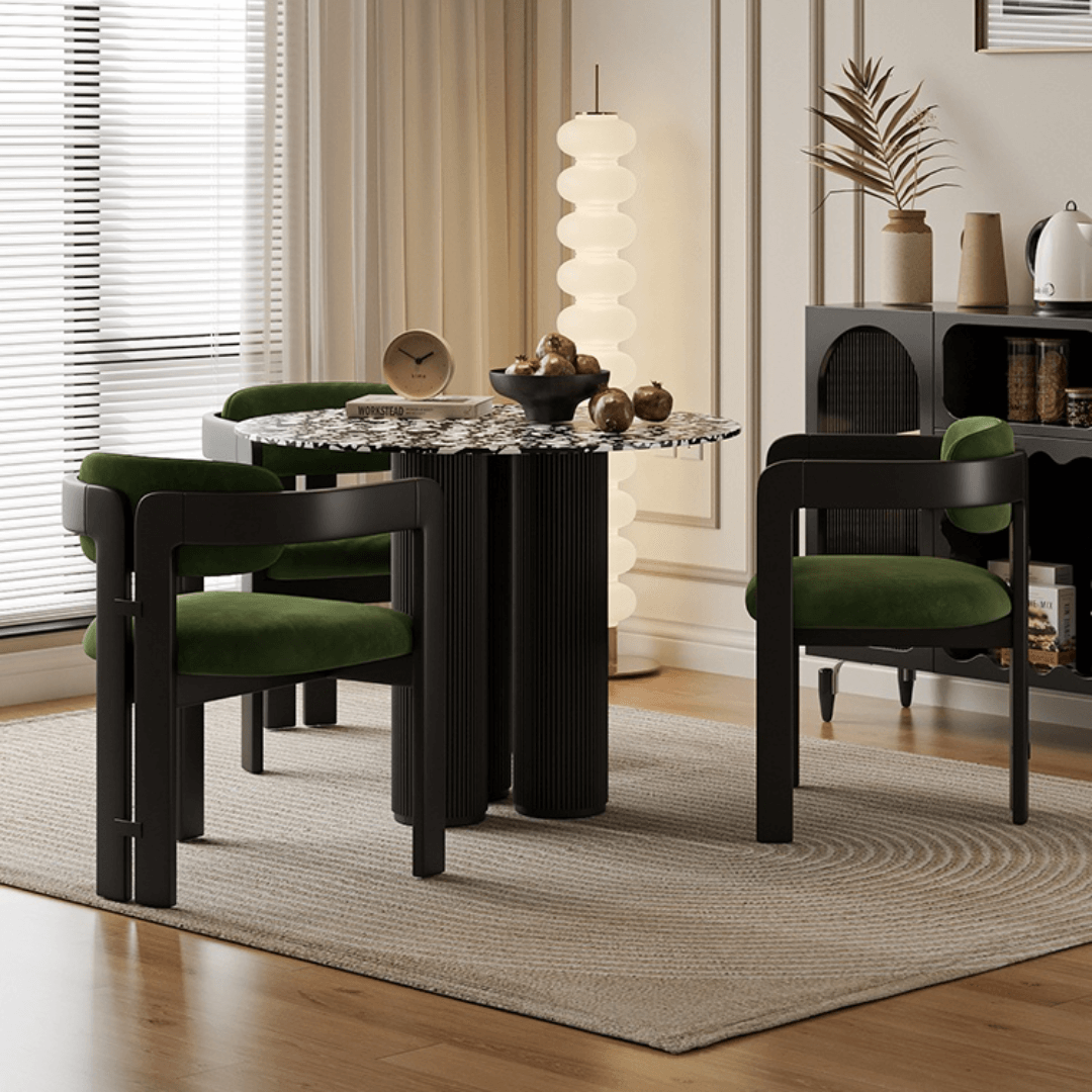 Small space dining set with terrazzo table and luxurious velvet seats
