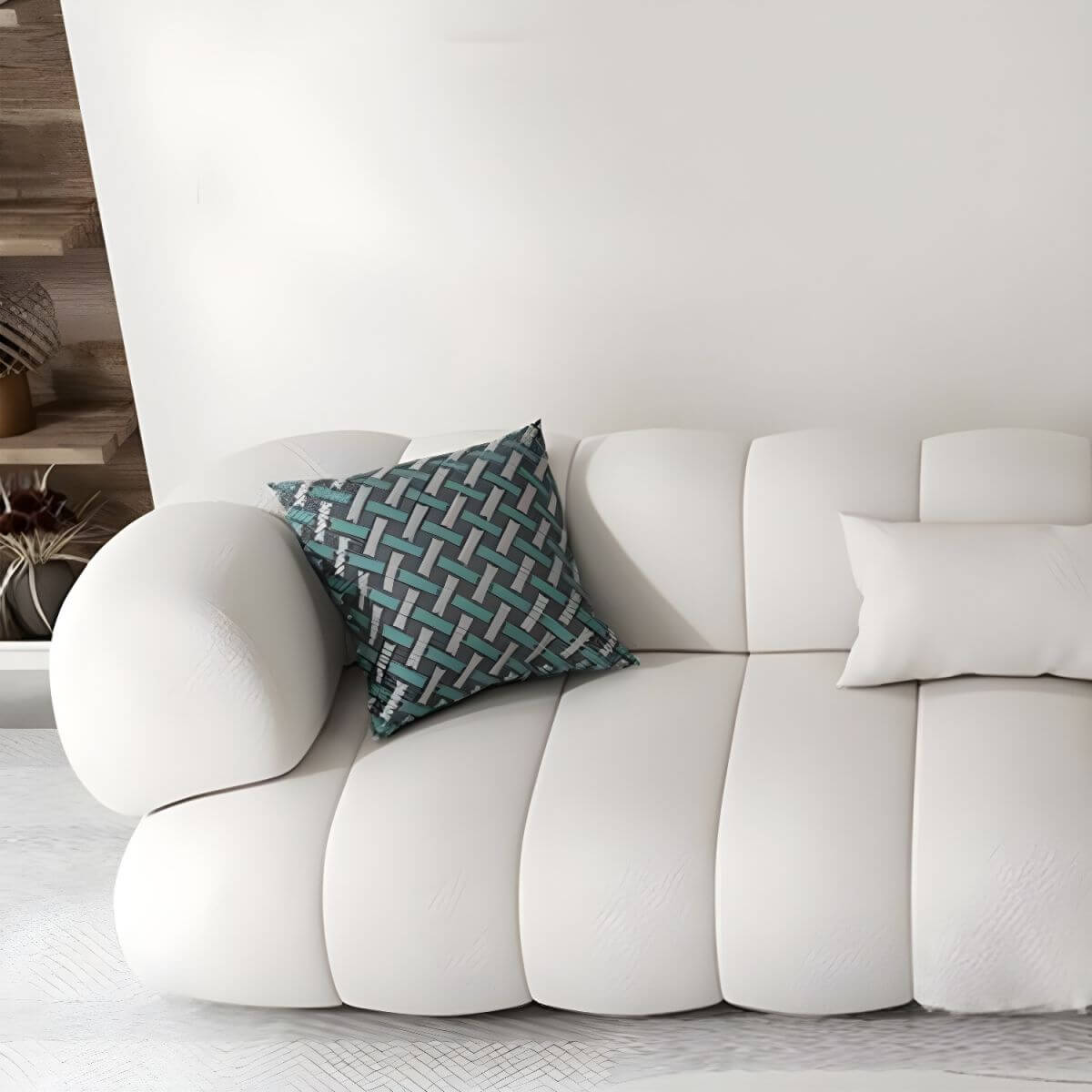 White Scandinavian fabric sofa with biscuit back and tuxedo arms