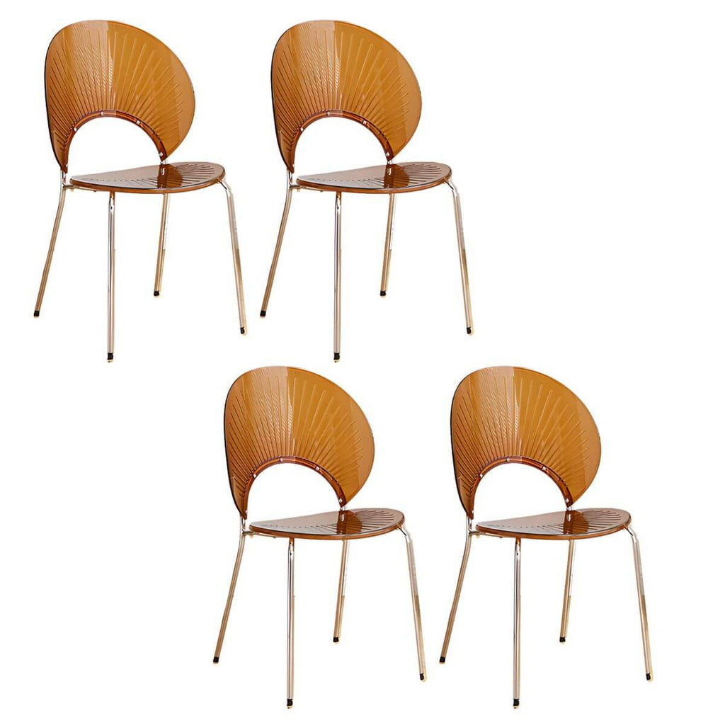 Stackable acrylic dining chair with open back and metal legs, armless design for modern dining rooms