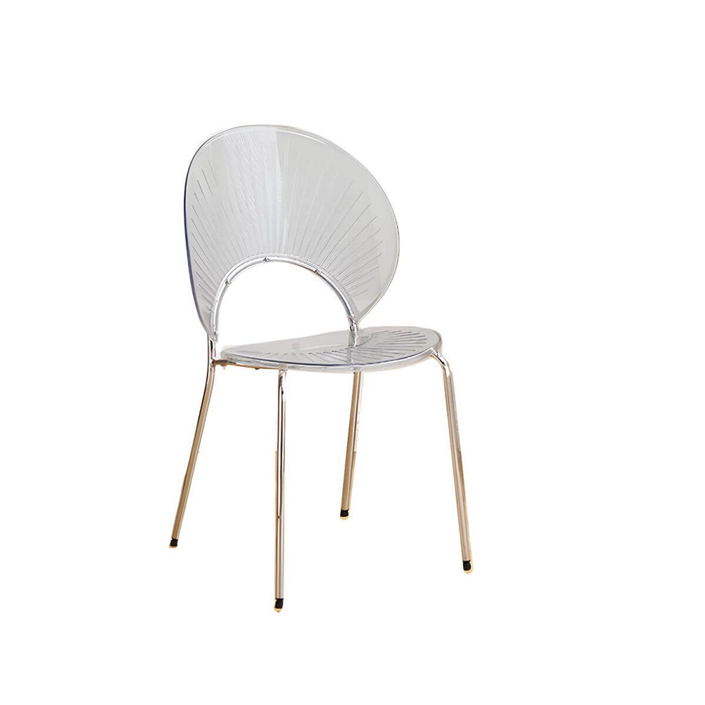 Stackable acrylic dining chair with open back and metal legs, armless design for modern dining rooms