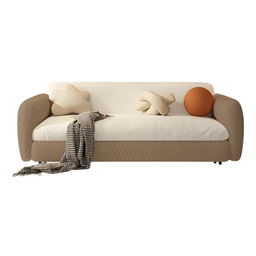 Modern white sleeper sofa with detachable mattress, casters, and black legs, 51 by 37 inches