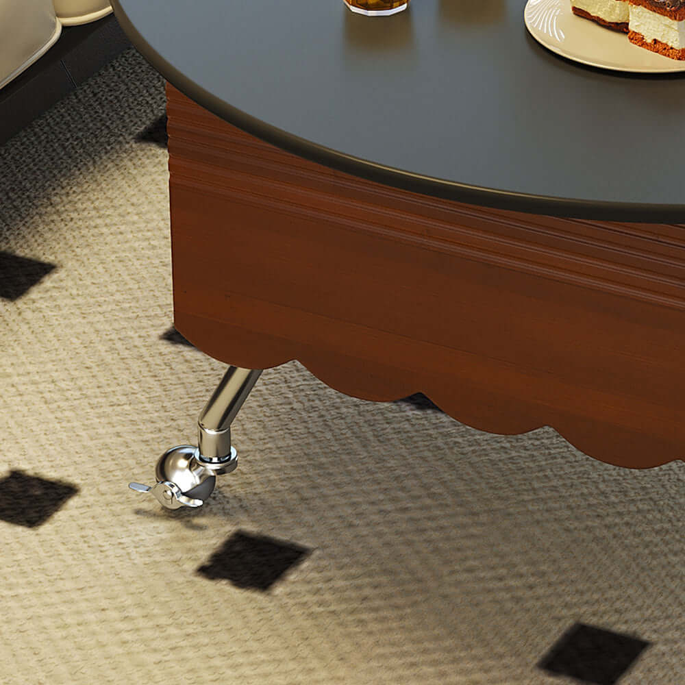 Retro round coffee table with adjustable height and wheels for easy mobility