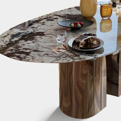 Modern Anti-stain Scratch-tolerant White Mirror Finish Elliptical Marble Effect Dining Table for 8-person Seat/6-person Seat Marble Kitchen & Dining Tables