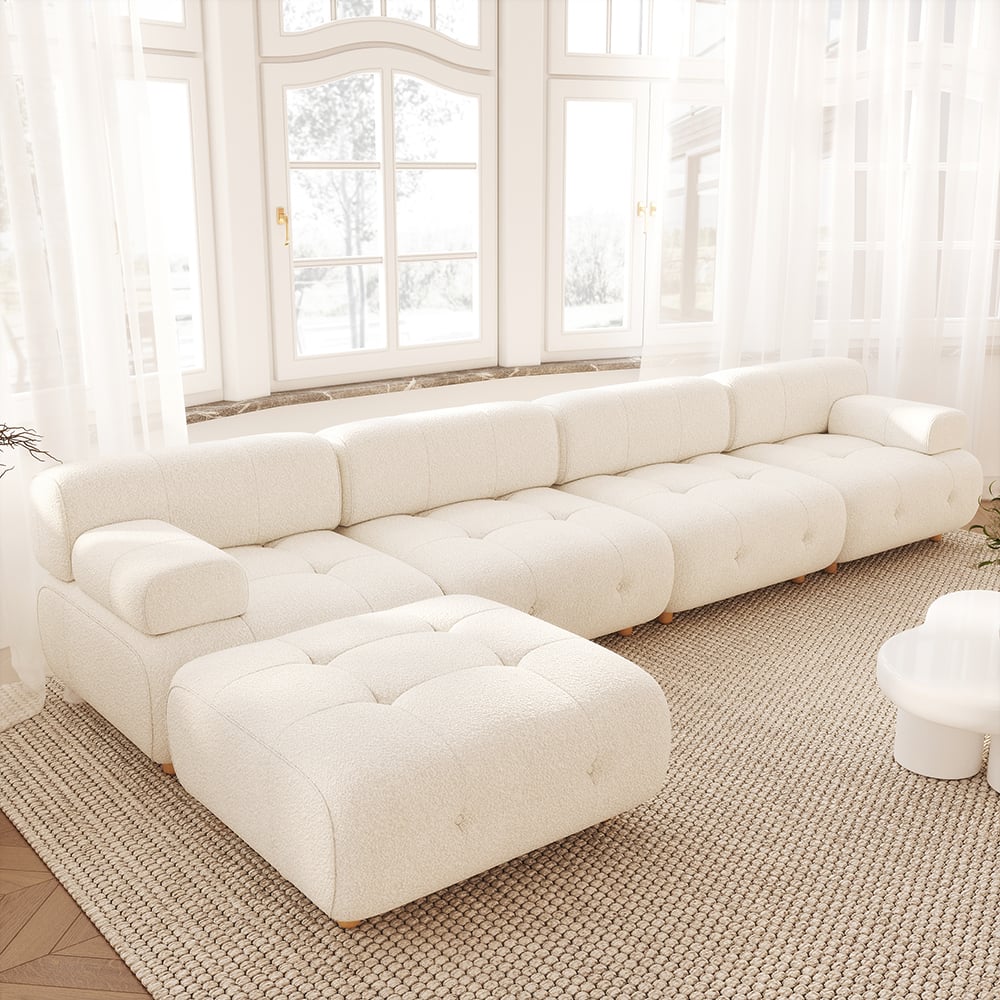 White modern L-shaped modular boucle sectional sofa loveseat with wood legs