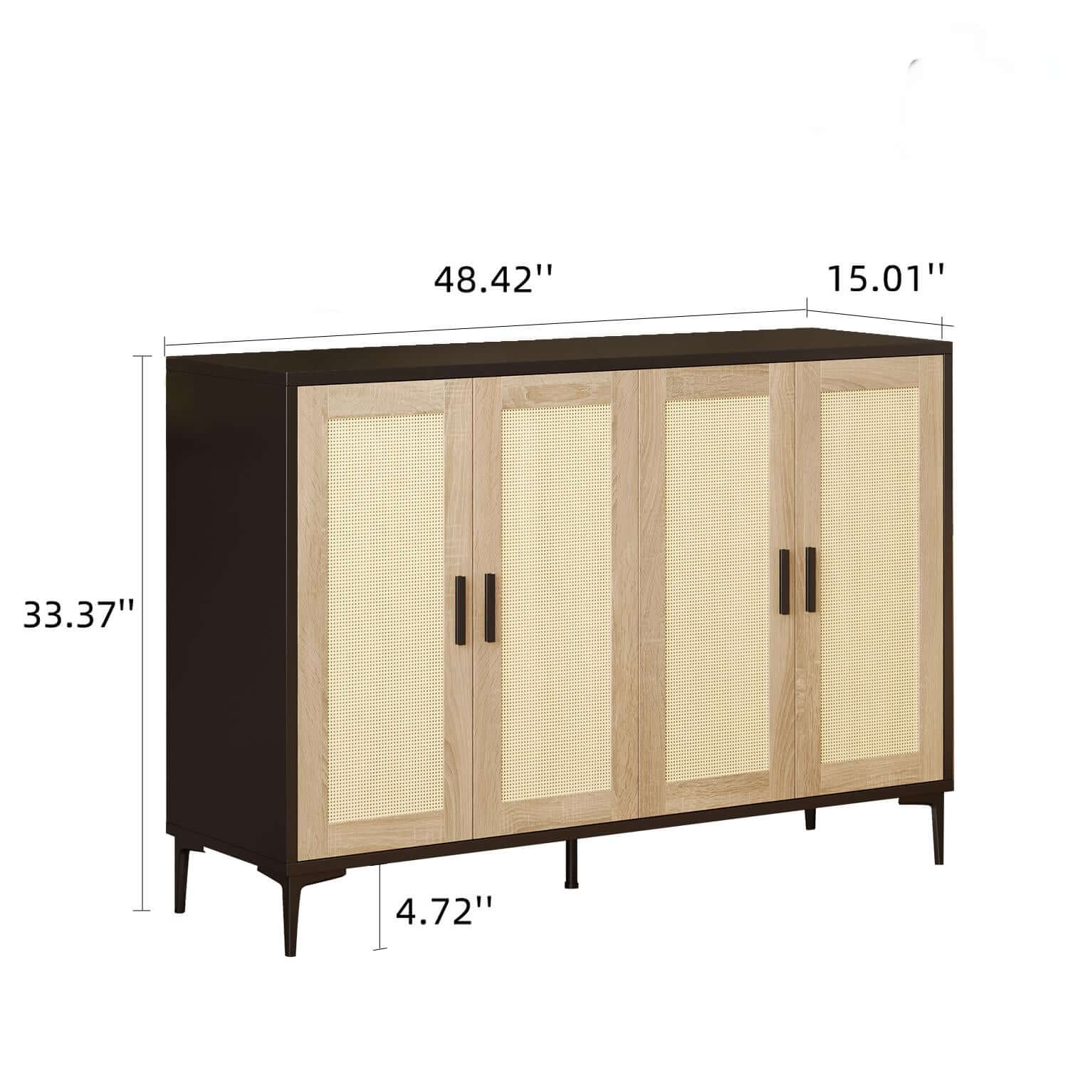 Sideboard cabinet with rattan decoration and four doors, measuring 48.42 inches wide