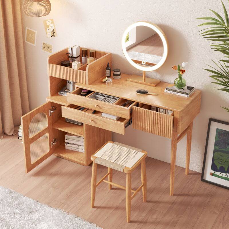 Elegant wooden dressing table featuring a bright LED mirror for stylish makeup and grooming