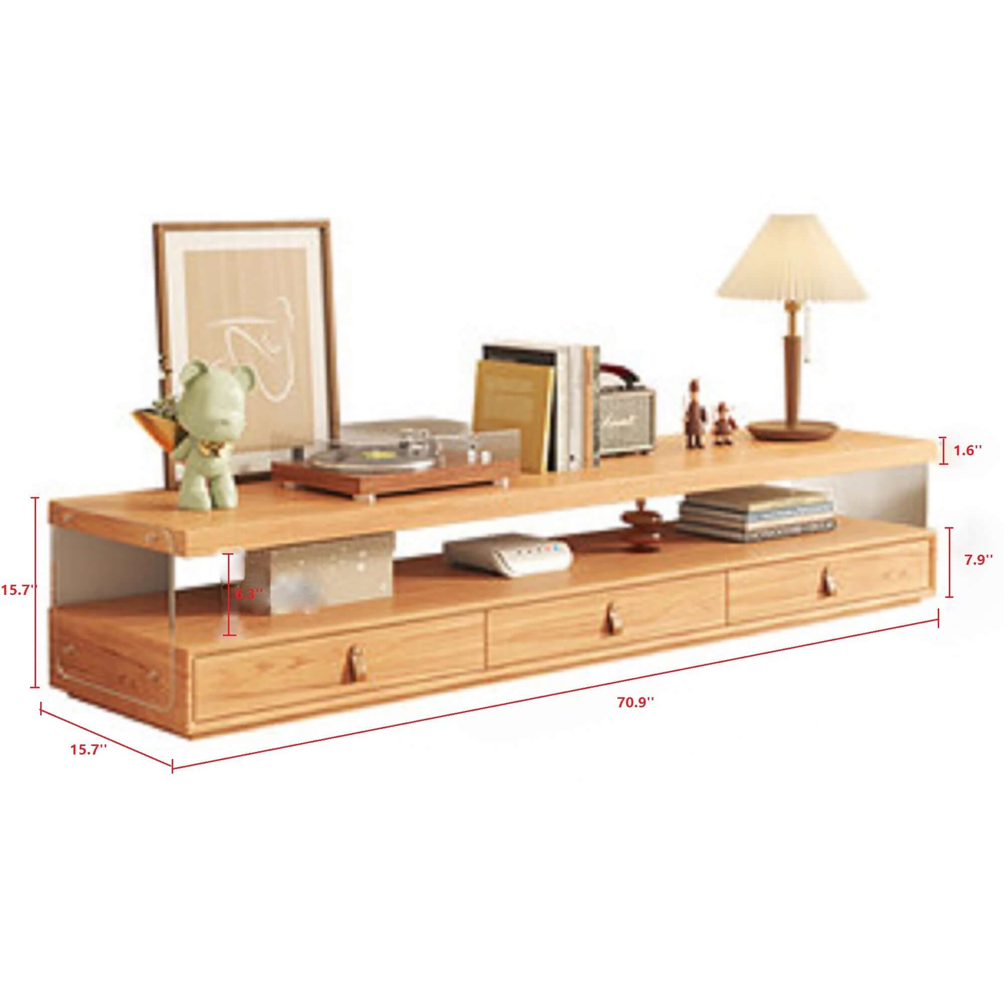 Wood media center TV stand featuring shelves and four drawers for organized storage