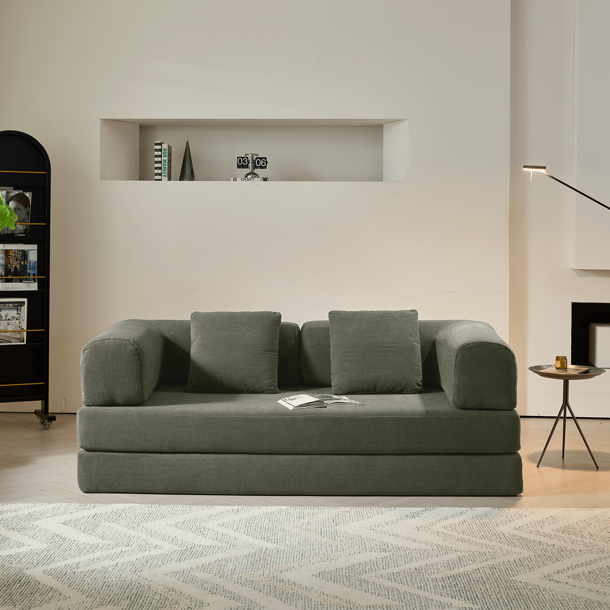 Convertible sofa bed upholstered with soft corduroy fabric, measuring 78.7 inches