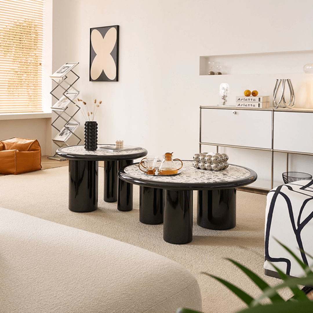 Round terrazzo coffee table with elegant design, perfect for adding sophistication to your living room main product image