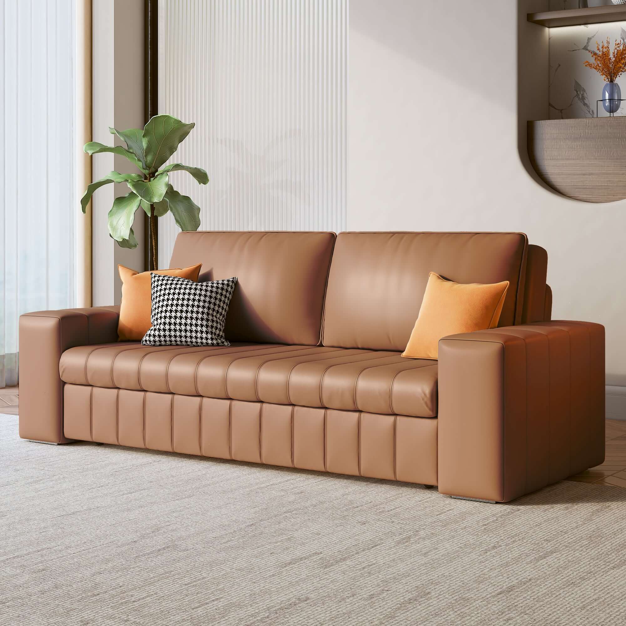 Modern leather upholstered sleeper sofa bed with storage space, measuring 62.99 inches