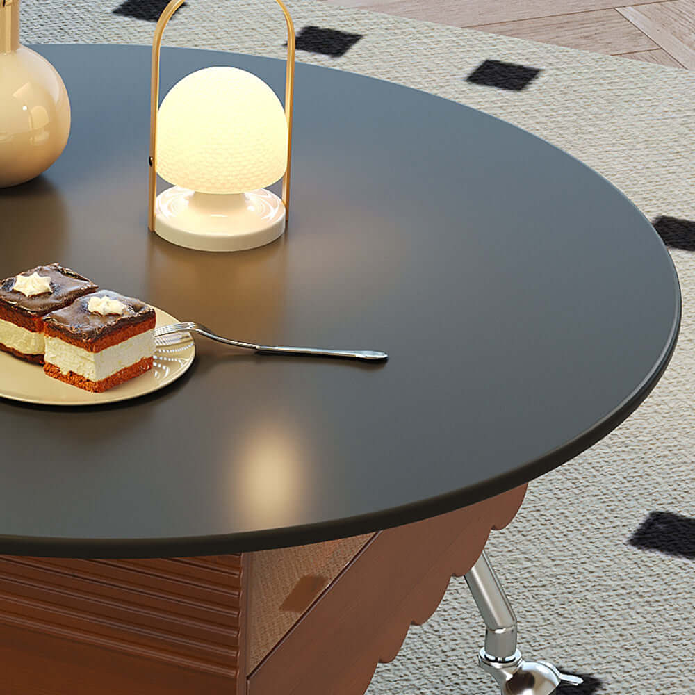 Retro round coffee table with adjustable height and wheels for easy mobility