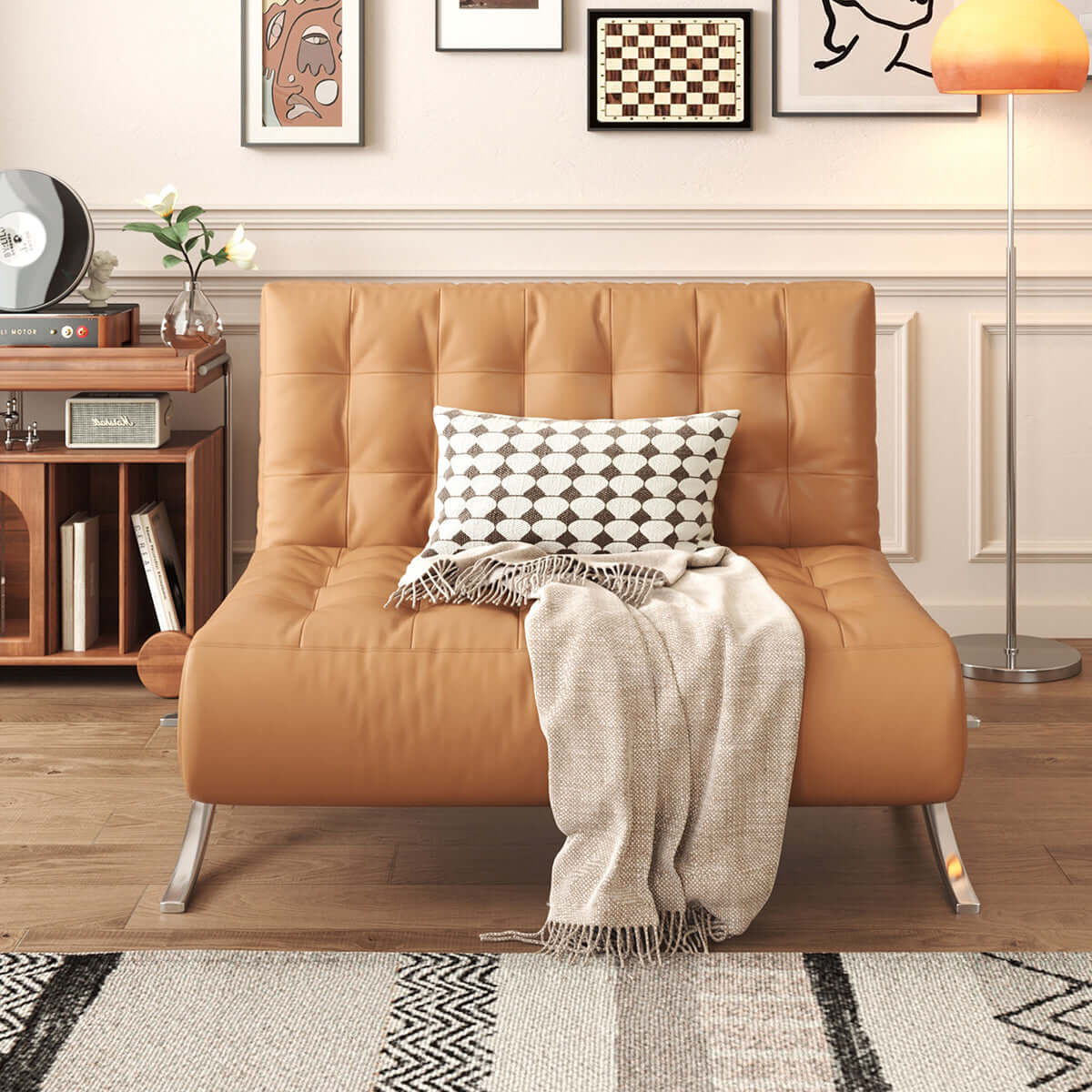 Retro leather Barcelona sofa chair with metal legs, featuring a lazy design for comfort